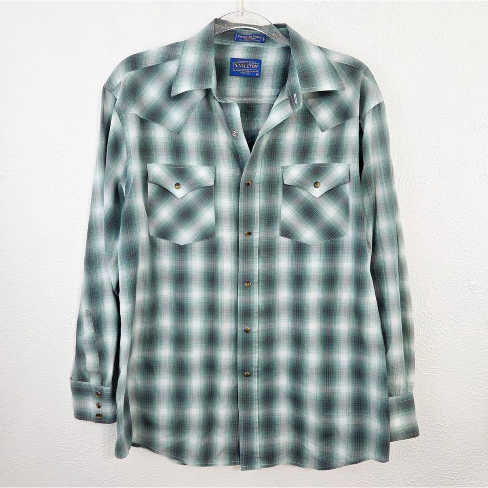Vintage Pendleton plaid pearl snap shirt green long sleeve men's size medium